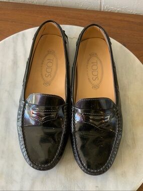 Tod's Black Patent Leather Penny Loafers with Tan Interior
